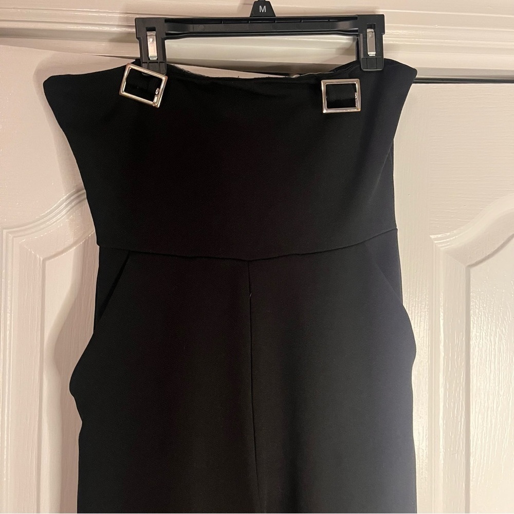 ZARA WOMAN BLACK COLLECTION STRAPLESS JUMPSUIT Silver Buckles Sz M Wide Leg - Picture 5 of 8
